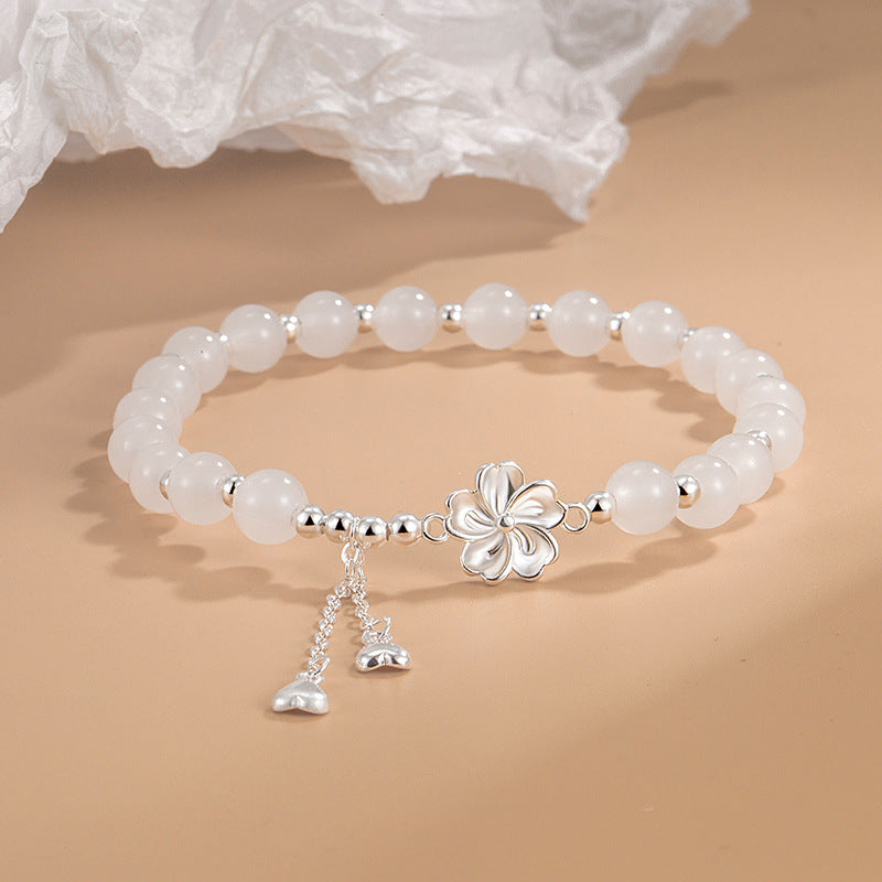 Fortune Jewel White Jade Peach Blossom Petals Flower Luck Bracelet