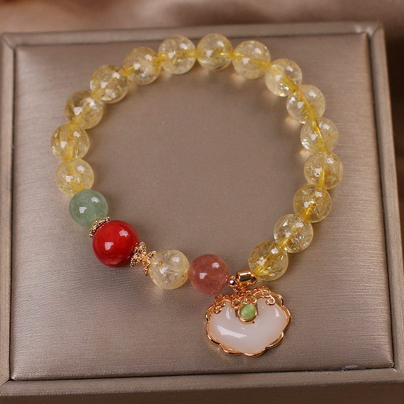 Fortune Jewel Natural Citrine White Jade Strawberry Quartz Protection Charm Bracelet