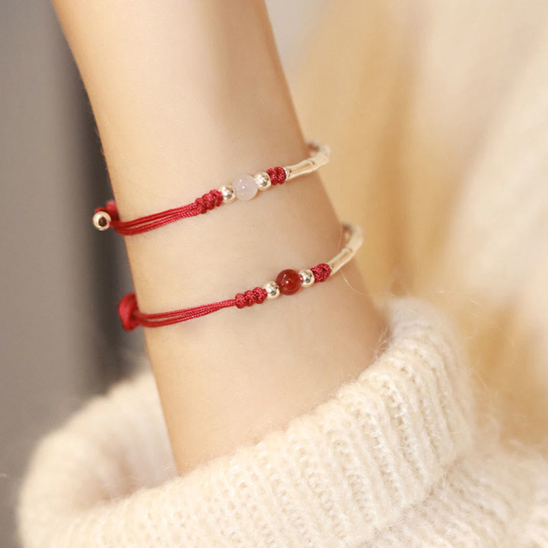 Fortune Jewel 925 Sterling Silver Bamboo White Agate Red Agate Bead Protection String Braided Bracelet