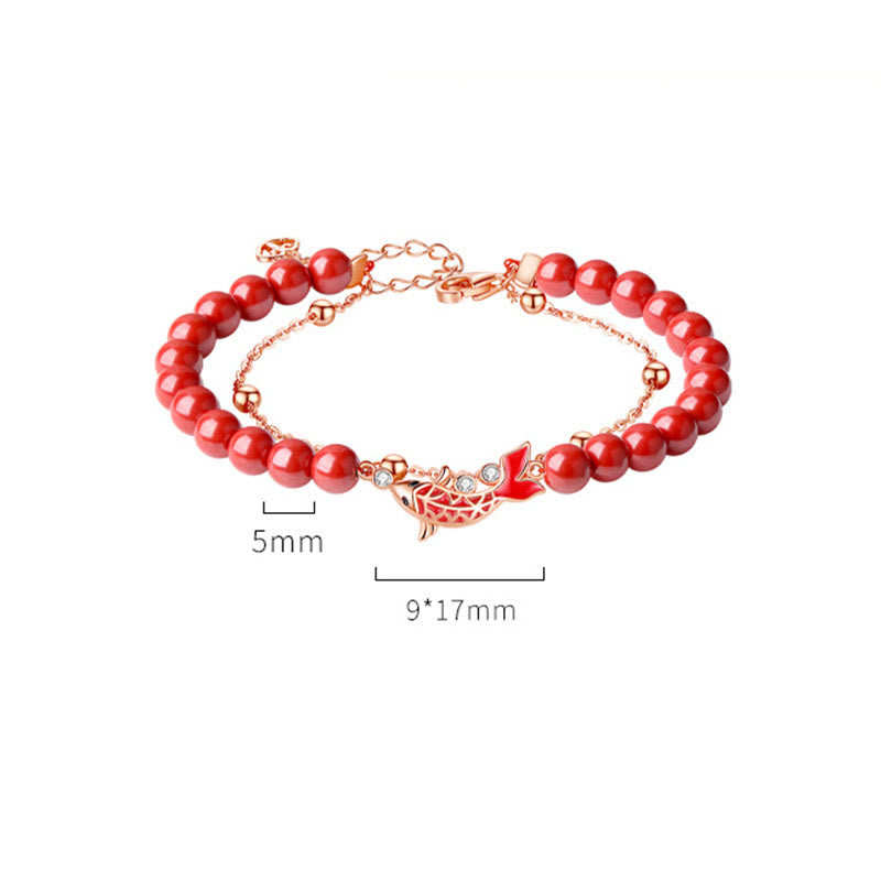 Fortune Jewel 925 Sterling Silver Lucky Koi Fish Cinnabar Zircon Prosperity Double Layer Chain Bracelet