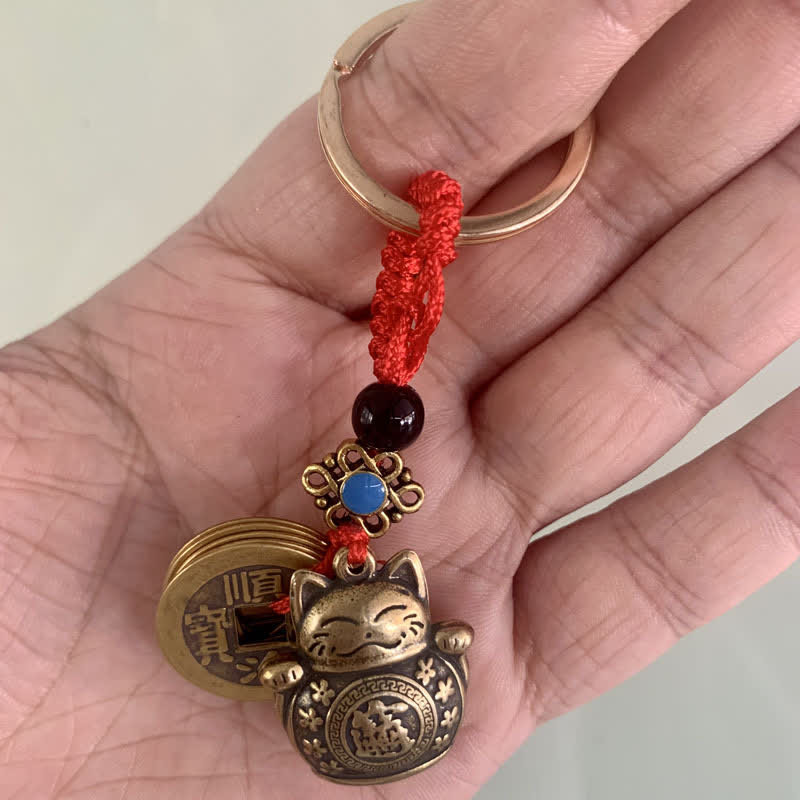 Fortune Jewel Feng Shui Five Emperor Coins Lucky Cat Money Wealth Keychain
