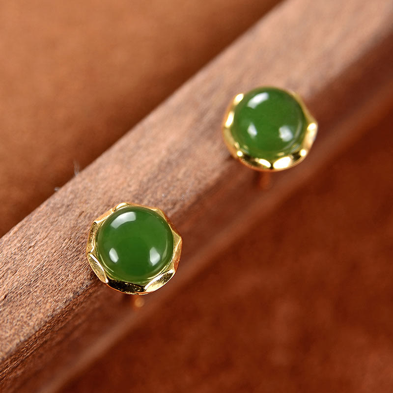 Fortune Jewel 925 Sterling Silver Plated Gold Natural Hetian Cyan Jade Bead Luck Stud Earrings