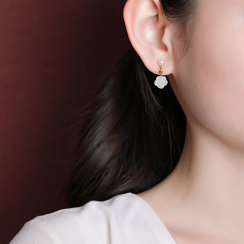 Fortune Jewel 925 Sterling Silver Plated Gold Jade Rose Flower Cyan Jade Pearl Luck Earrings