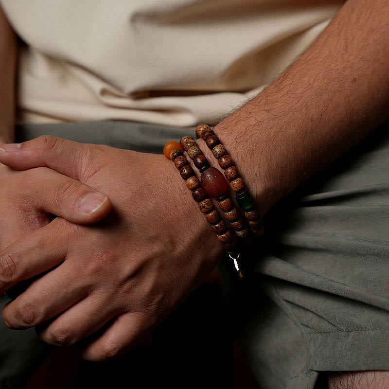 Fortune Jewel Tibetan Bodhi Seed Amber Dzi Bead Agate Zakiram Goddess of Wealth Beads Triple Wrap Bracelet