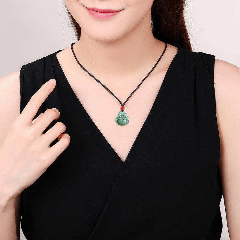 Fortune Jewel Laughing Buddha Cyan Jade Success Necklace String Pendant Fortune Jewel