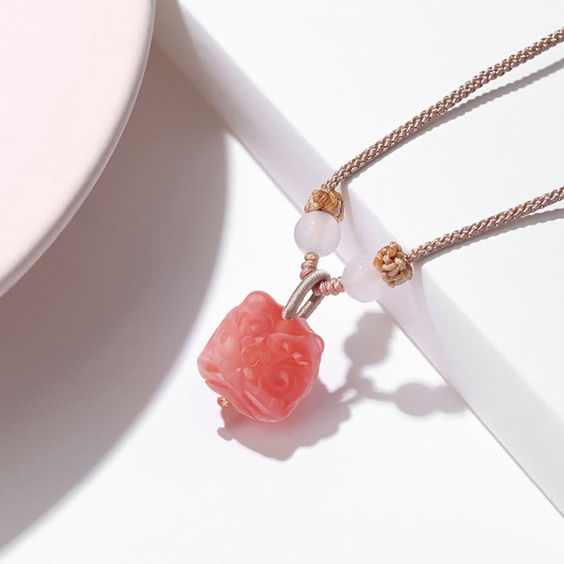 Fortune Jewel Natural Silver Sheen Obsidian Red Agate Dancing Lion Protection Necklace Pendant