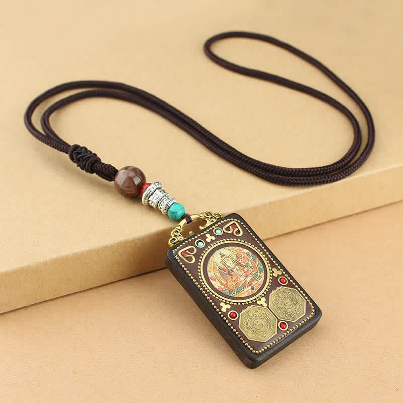Fortune Jewel Tibet God of Wealth Thangka Ebony Peace Necklace Pendant