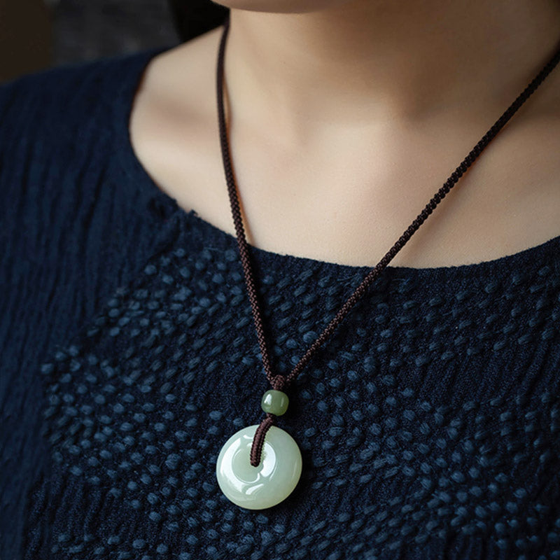 Fortune Jewel Natural Round Jade Peace Buckle Luck Prosperity Necklace Pendant