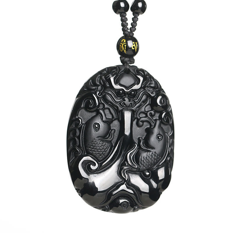 Fortune Jewel Black Obsidian Koi Fish Bead Rope Fulfilment Strength Necklace Pendant - Fortune Jewel