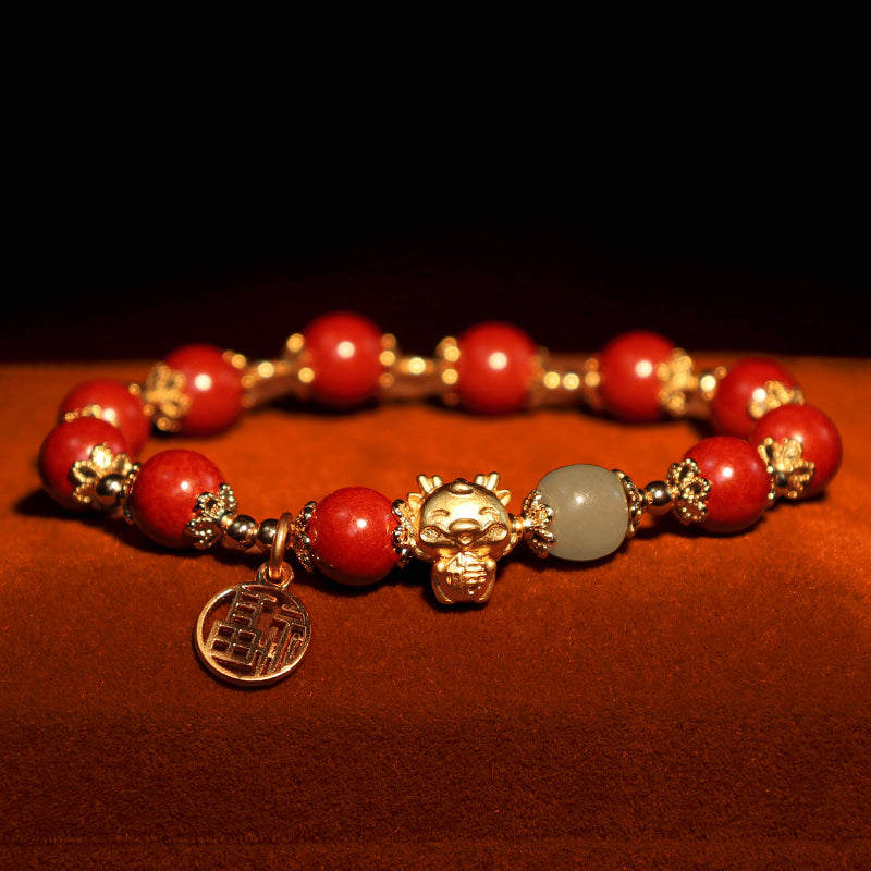 Fortune Jewel Year of the Dragon Natural Cinnabar Fu Character Charm Blessing Bracelet