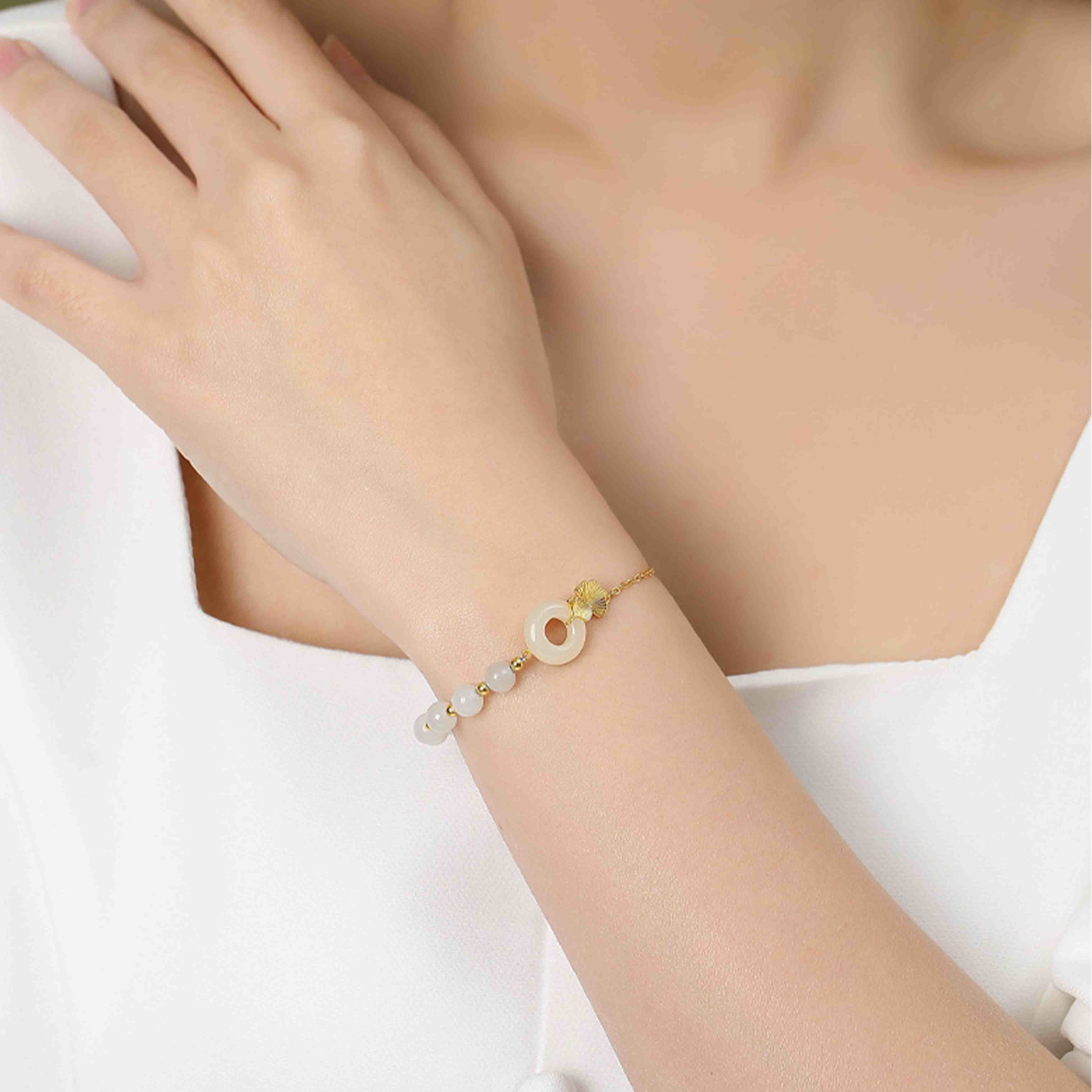 Fortune Jewel 925 Sterling Silver Hetian White Jade Peace Buckle Ginkgo Leaf Luck Bracelet