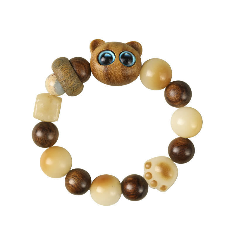 Fortune Jewel Natural Bodhi Seed Sandalwood Lucky Cute Cat Head Paw Claw Peace Bracelet