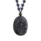 Fortune Jewel Tibetan Obsidian Ganesh Ganpati Elephant Wealth Amulet Necklace