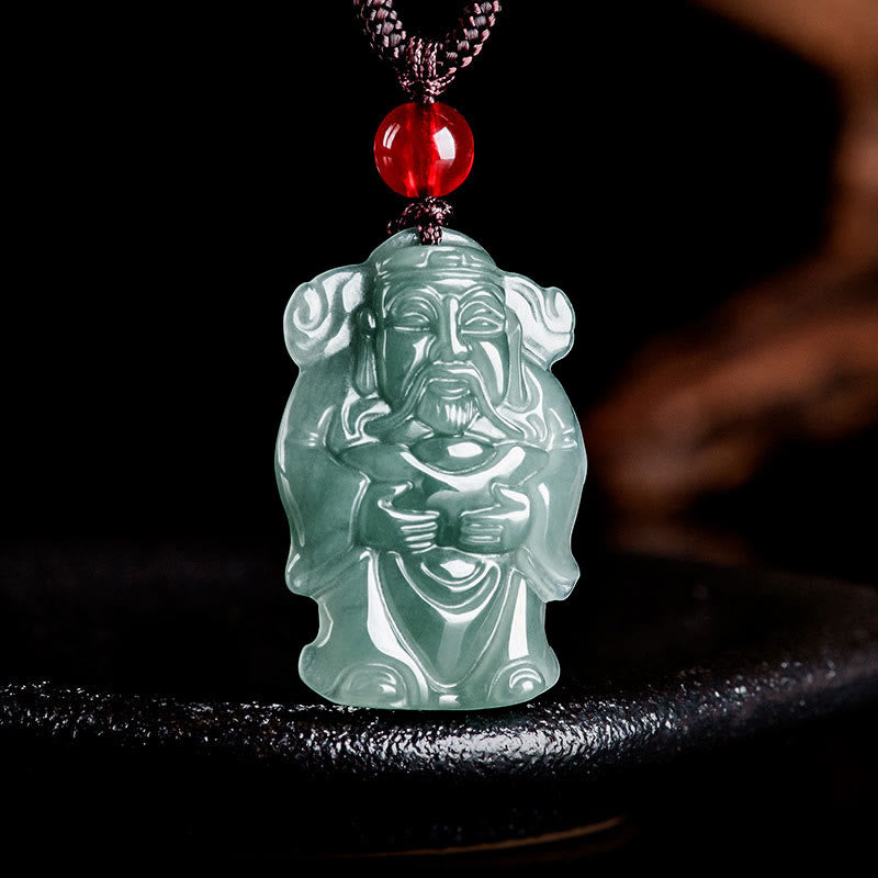 Fortune Jewel Natural Green Jade Chinese God of Wealth Caishen Ingot Abundance Necklace Pendant