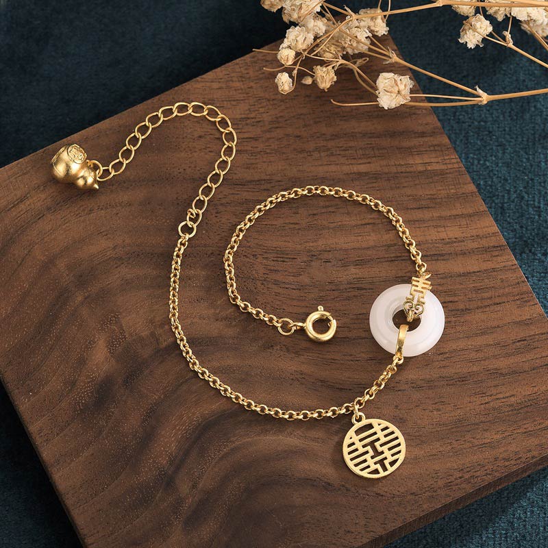 Fortune Jewel White Jade Double Happiness Fortune Bracelet
