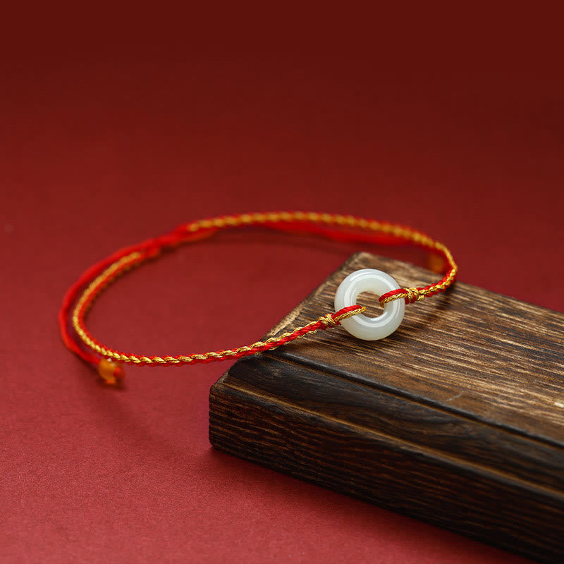 Fortune Jewel Round Peace Buckle Jade Luck Abundance Braided Bracelet Anklet