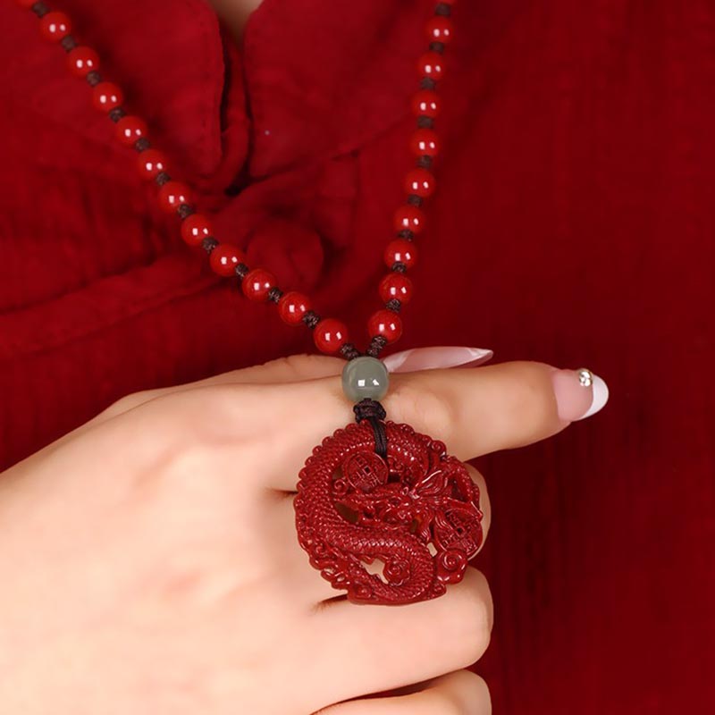 Fortune Jewel Year Of The Dragon Natural Cinnabar Hetian Jade Bead Copper Coin Attract Wealth Strength Necklace Pendant