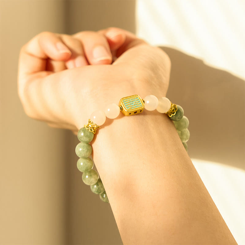 Fortune Jewel Natural Green Jade White Agate Five Scriptures Abundance Bracelet