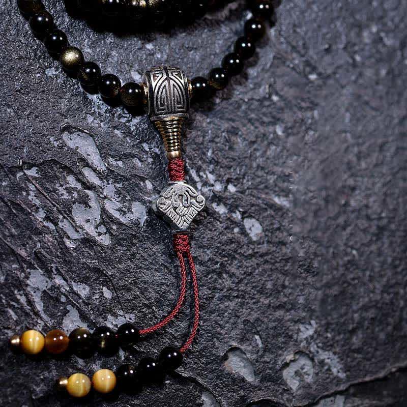 Fortune Jewel 108 Mala Beads Gold Sheen Obsidian Tiger Eye Eagle's Eye Stone Wealth Bracelet