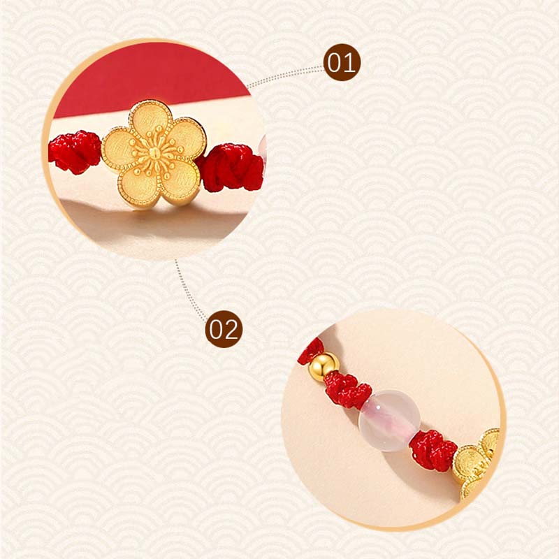 Fortune Jewel Handmade 925 Sterling Silver Peach Blossom Cherry Sakura Chalcedony Bead Luck Red Rope Bracelet