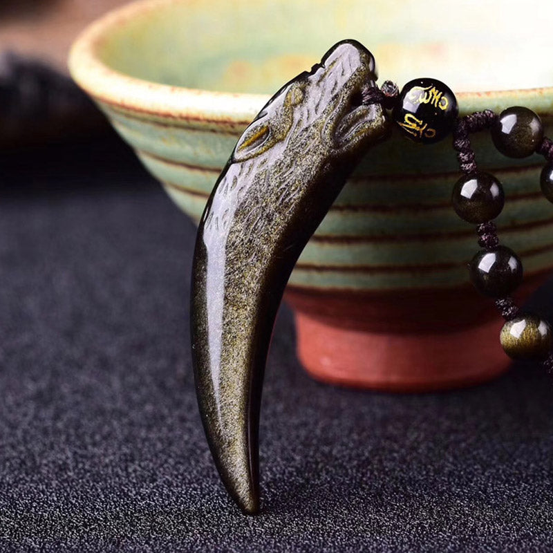 Fortune Jewel Natural Black Obsidian Ice Obsidian Rainbow Obsidian Wolf Tooth Pattern Strength Necklace Pendant