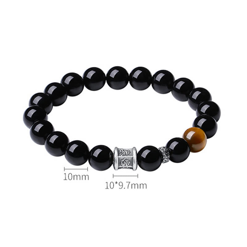 Fortune Jewel 999 Sterling Silver Black Obsidian Tiger Eye Om Mani Padme Hum Fulfillment Bracelet