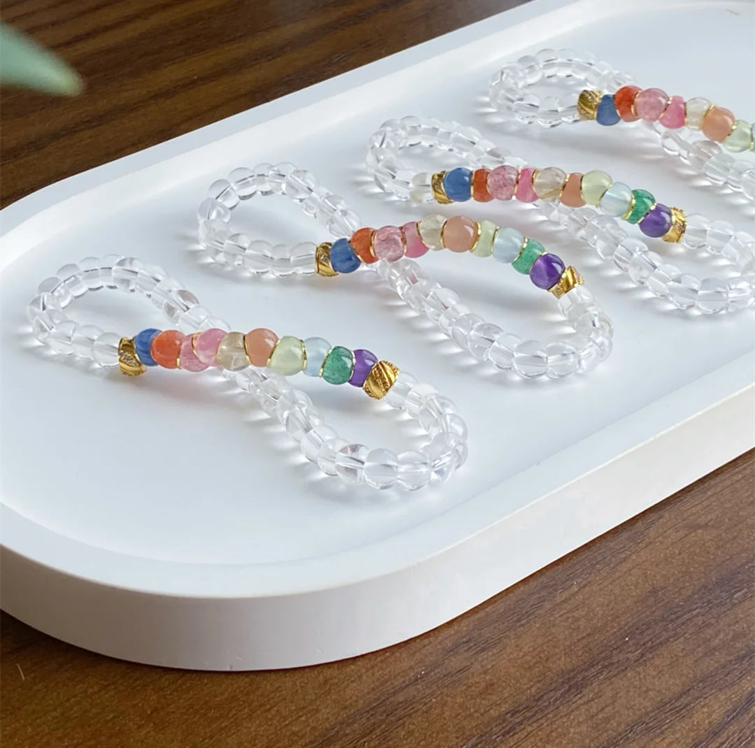 Tibetan Angled-Cut White Crystal Bracelet with Multicolor Crystals – Top-Grade Clear Quartz, Stress-Relieving & Meditation-Friendly