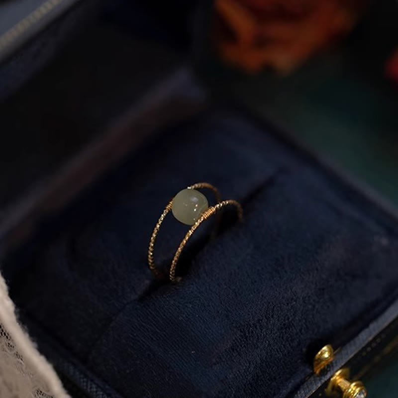 Fortune Jewel Round Jade Pearl Bead Double Layer Copper Luck Adjustable Ring