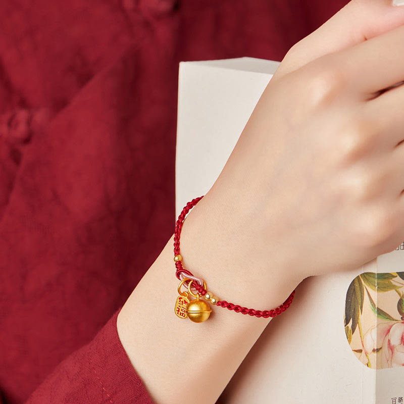 Fortune Jewel Handmade Fu Character Charm Luck Happiness Bell Red Rope Bracelet