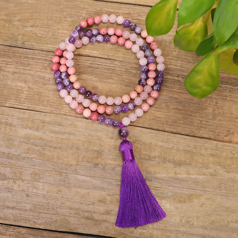 Fortune Jewel 108 Mala Beads Amethyst Rose Quartz Spiritual Healing Tassel Bracelet