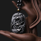Fortune Jewel Natural Black Obsidian Koi Fish Lotus Strength Beaded Necklace Pendant