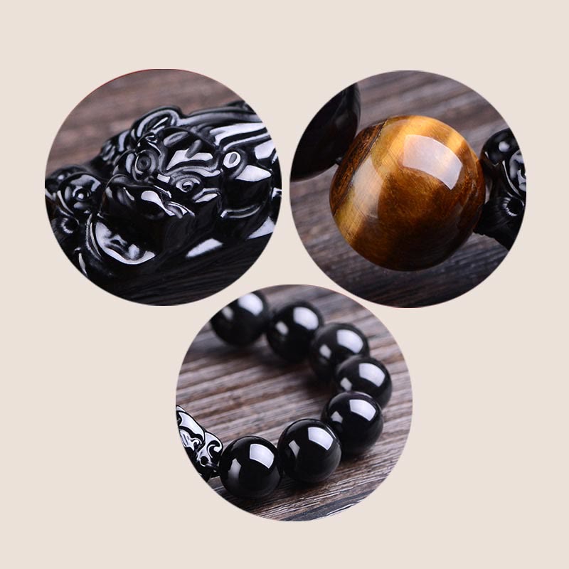 Fortune Jewel Natural Black Obsidian PiXiu Tiger's Eye Strength Bracelet