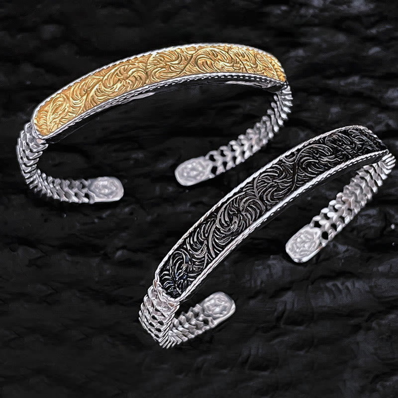 Fortune Jewel Tang Dynasty Flower Design Engraved Copper Luck Cuff Bracelet Bangle Adjustable Ring