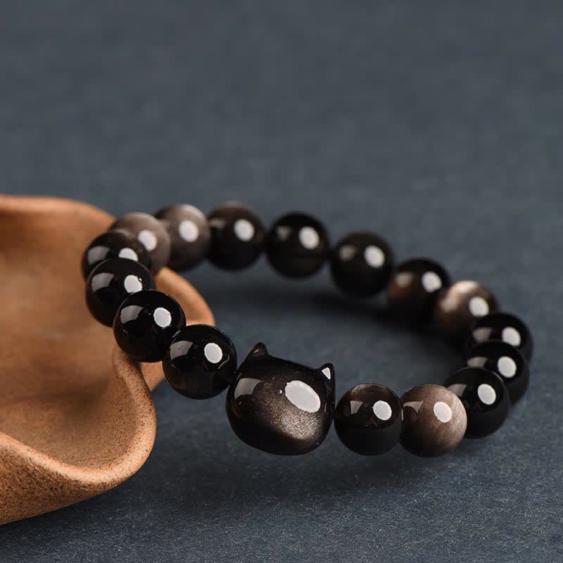 Fortune Jewel Gold Sheen Obsidian Silver Sheen Obsidian Lovely Paw Lucky Cat Protection Bracelet