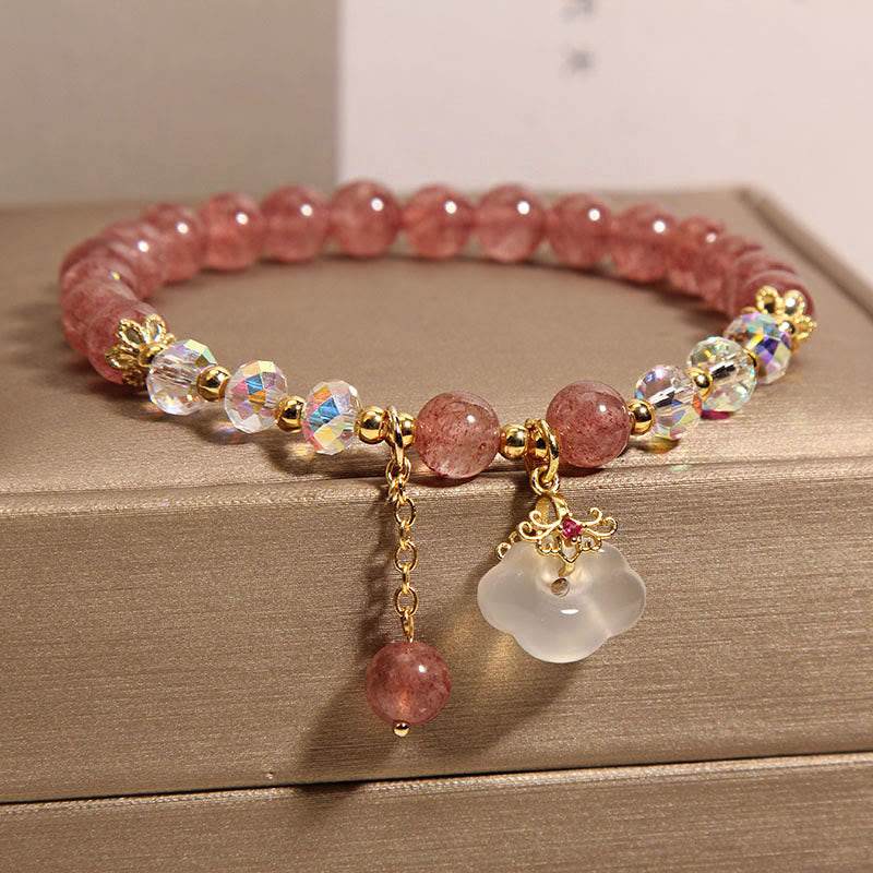 Fortune Jewel Natural Strawberry Quartz Crystal White Agate Auspicious Cloud Healing Bracelet