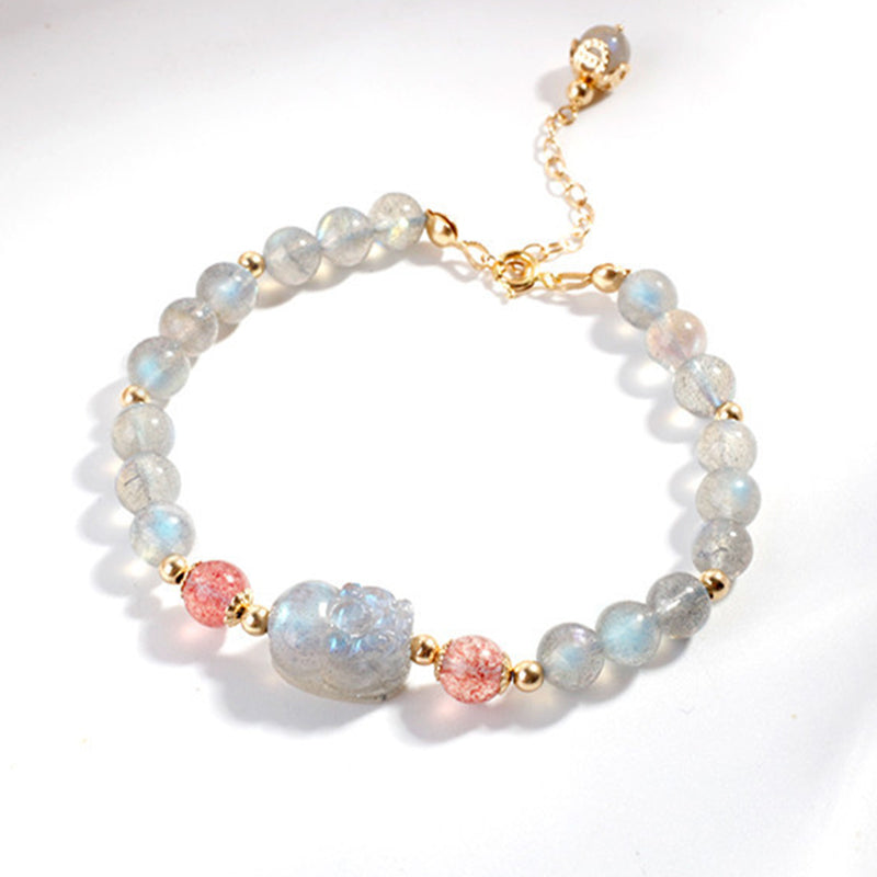 Fortune Jewel Moonstone Strawberry Quartz PiXiu Healing Bracelet