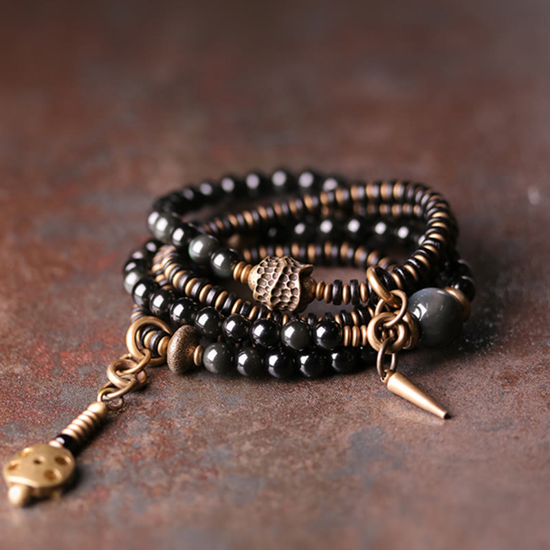 Fortune Jewel Rainbow Obsidian Ebony Wood Copper Positive Multilayer Bracelet