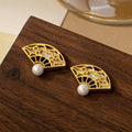 Fortune Jewel 925 Sterling Silver Posts Fan Pattern Pearl Copper Wisdom Stud Drop Earrings