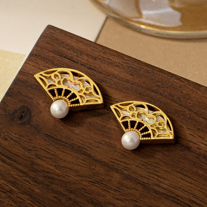 Fortune Jewel 925 Sterling Silver Posts Fan Pattern Pearl Copper Wisdom Stud Drop Earrings