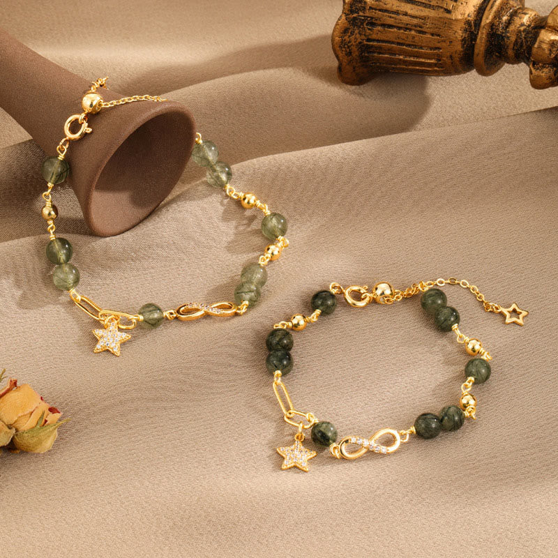 Fortune Jewel 14k Gold Plated Copper Green Rutilated Quartz Möbius Loop Eternal Love Star Protection Bracelet