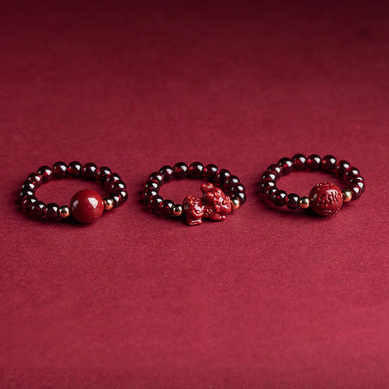 Fortune Jewel Garnet Cinnabar Lucky Bead PiXiu Om Mani Padme Hum Rose Protection Ring