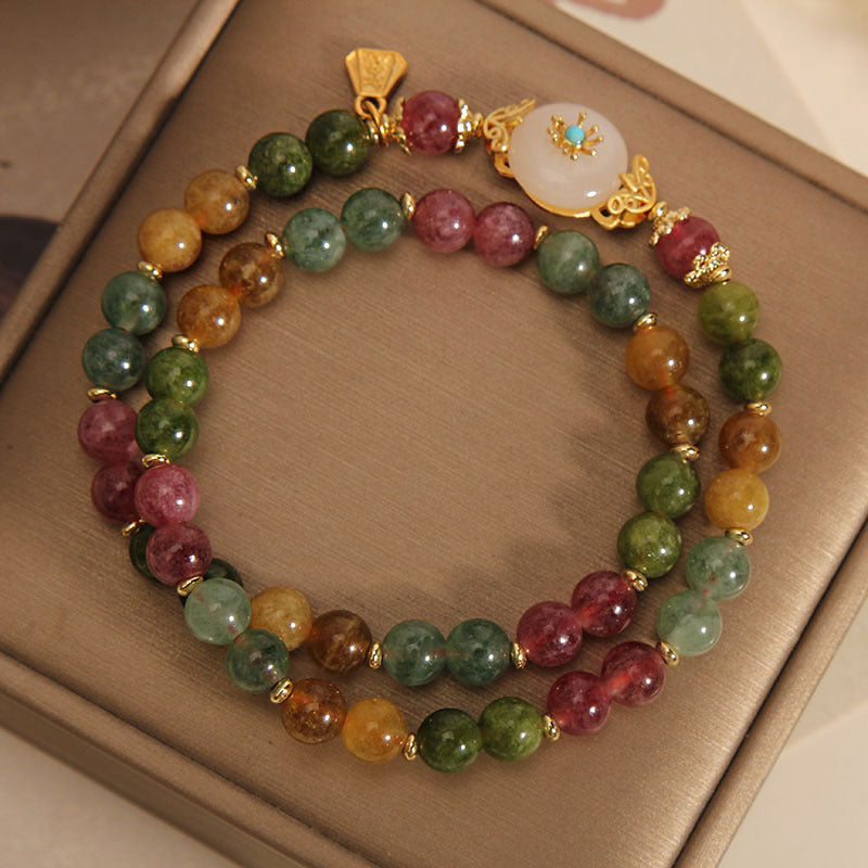 Fortune Jewel Natural Multicolored Tourmaline Positive Jade Flower Double Wrap Bracelet