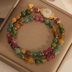 Fortune Jewel Natural Multicolored Tourmaline Positive Jade Flower Double Wrap Bracelet