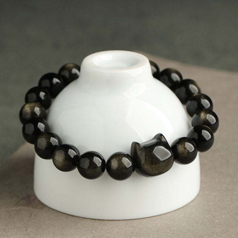 Fortune Jewel Gold Sheen Obsidian Silver Sheen Obsidian Lovely Paw Lucky Cat Protection Bracelet