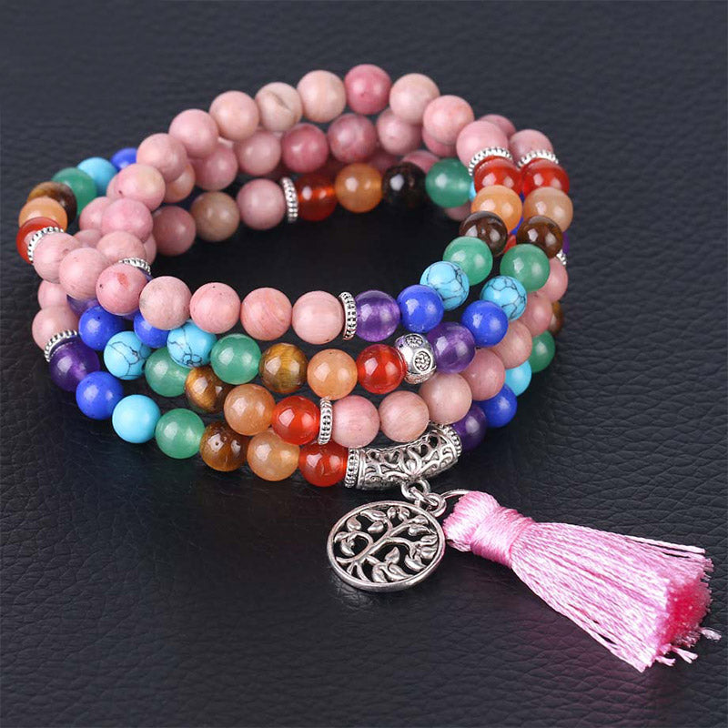 Fortune Jewel 108 Mala Beads Rhodonite Blue Crystal Lazulite Healing Bracelet