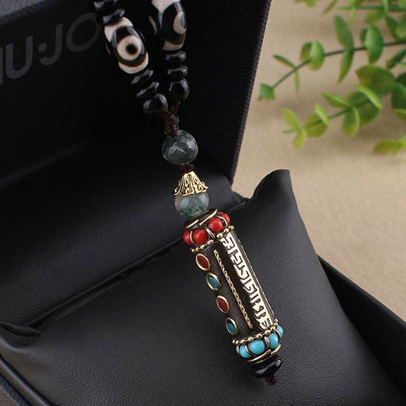 Fortune Jewel Tibetan Om Mani Padme Hum Dzi Bead Wenge Wood Necklace Pendant