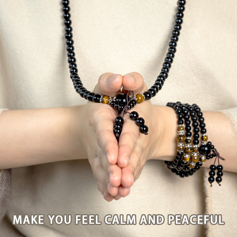 Fortune Jewel 108 Beads Natural Black Obsidian Tiger Eye Mala Bracelet