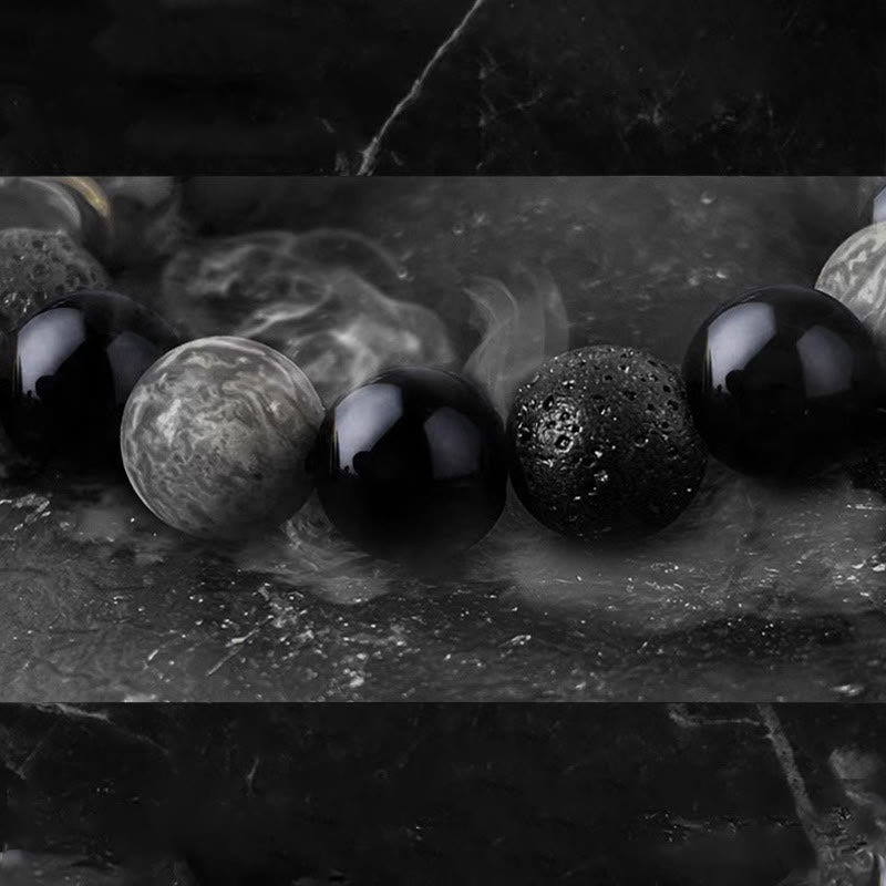 Fortune Jewel Black Obsidian Lava Rock Stone Yin Yang Strength Bracelet