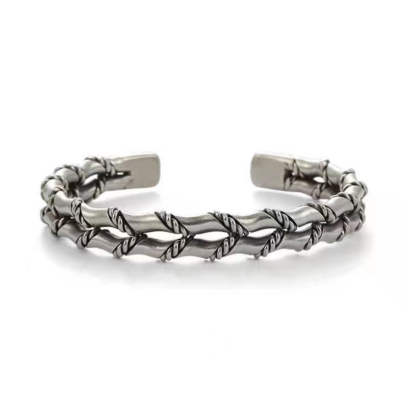 Fortune Jewel Vintage Double Layer Bamboo Pattern Luck Cuff Bracelet Bangle