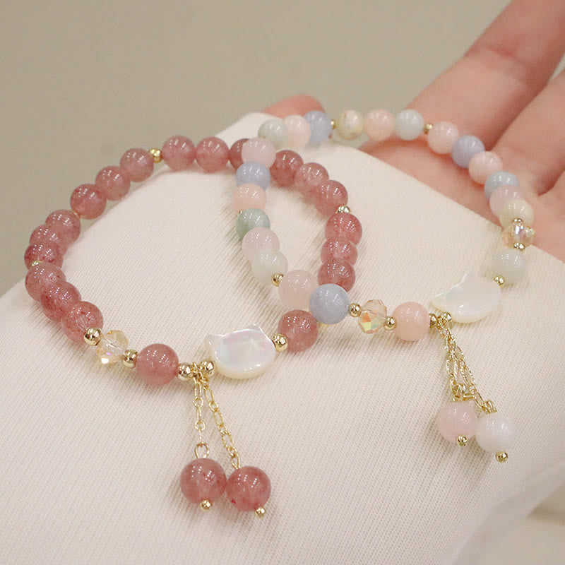 Fortune Jewel Natural Strawberry Quartz Morganite Tridacna Stone Cat Love Bracelet